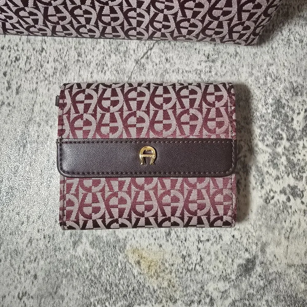 Etienne Aigner Burgundy Brown Logo Fabric Leather Handbag Purse W Wallet Makeup
